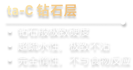 ta-C 钻石层：钻石般极致硬度，超疏水性极致不沾，完全惰性不与食物反应